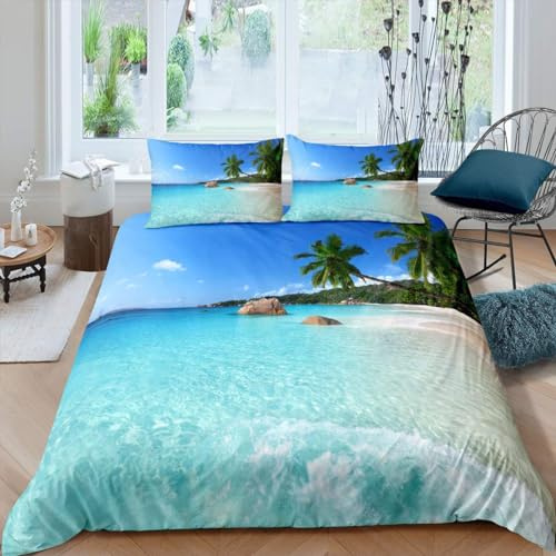 Homewish Copripiumino 200 x 200 cm, Ocean, set da letto estivo da spiaggia, set di biancheria da letto in stile vacanza hawaiano, copripiumino con palme tropicali, decorazione a tema mare, morbido