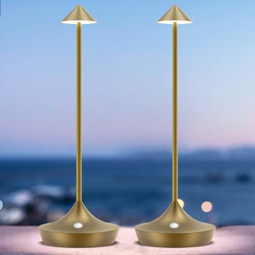 Lampe de chevet tactile sans fil usb, bravzurg 2PCS 6000mAh lampe de table LED metal rechargeable, design modern, lumiere bureau batterie pour restaurant, terrasse, exterieur, interieur (Bronze)