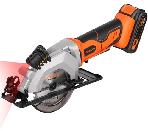Yunirvana Mini Circular Saw, 20V 3400RPM Professional Cordless Circular Saw, Adjustable Angle and Depth,Max Cutting Depth 1-2/3(90°), 1-1/8(45°), Laser Guide, Rip Guide