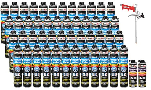 Isolbau B2 Dämmstoffkleber SET - 48 x 750 ml Perimeterkleber, 2 x PU-Schaum-Reiniger & 1x Schaumpistole für EPS & XPS-Platten - 1K PU-Klebeschaum für Dämmung und Isolieren