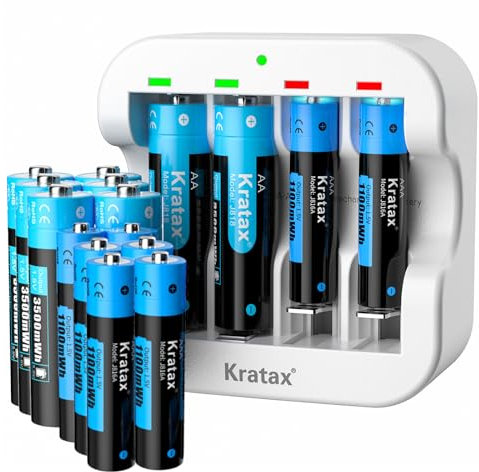 Rechargeable AA & AAA Lithium 1.5V Batteries - 3500mWh Doubla A &1100mWh Triple A for Household Office Devices, Long-Lasting High-Capacity, 1500Cycle,Constant Output (8AAA+8AA+White Q022 Charger)