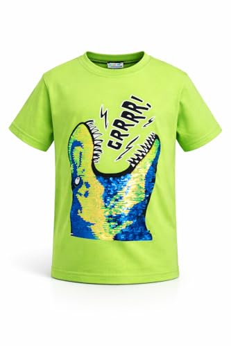 Trex Dino Kinder Jungen Jungs Wende Pailletten Lang T-Shirt Bluse Kurzarm Grün 122-128