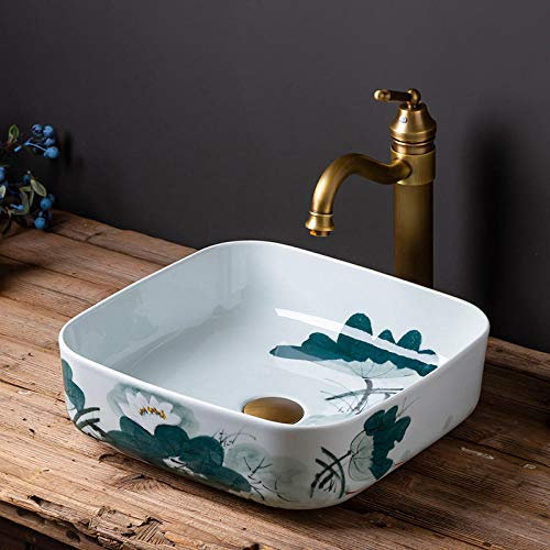 DDNGEJ Badezimmer-Waschbecken, Aufsatzwaschbecken, quadratisches Waschbecken mit Lotusmuster, Waschbecken Jingdezhen Art Aufsatzwaschbecken, Keramik-Waschbecken, Badezimmer-Waschbecken, B