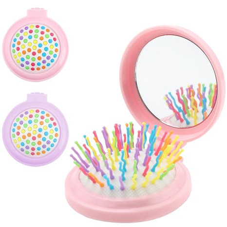 2Pcs Hair Brush with Mirror,Round Folding Pocket Travel Mini Boar Bristle Hair brushes,Portable Hair Styling Tools,Compact Travel Size Hair Massage Comb for Women and Girls (Pink+Purple)