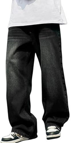 FYHTC Men's Baggy Jeans - Y2k Skater Vintage Plain Pants - Wide Leg, Loose Fit Denim Hip Hop Jeans (Dark Grey, Small)