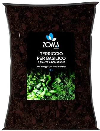 ZOMA Terriccio per Basilico e Piante Aromatiche - Ideale per Vasi, Evita Ristagni Idrici - Terriccio piante aromatiche con Humus di Lombrico, privo di Fertilizzanti Chimici - 2 Litri