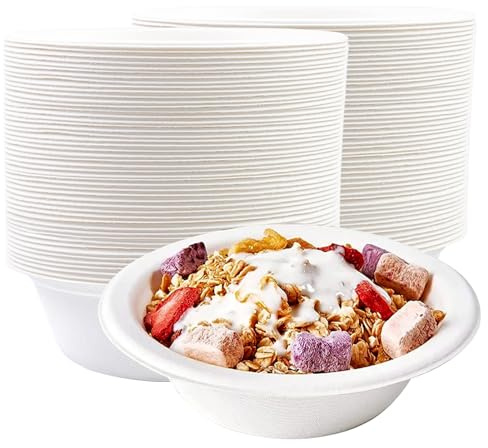 100Stück Weiße Einweg Suppenschalen, 500ML Kompostierbare Partyschalen Bagasse Langlebige Isolierung und haltbare Suppenschalen geeignet für Kalte Speisen Grillpicknick im Freien Familienessen
