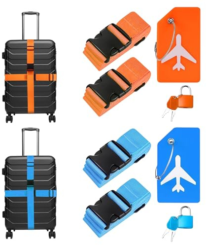 Luggage Straps with Padlock for Suitcase & Luggage Tags | Set of 4 Suitcase straps, 2 Suitcase Padlocks with Keys to secure your items & 2 Travel Tags for Luggage for Easy Identification