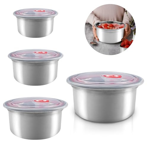 burkfeeg 4 Stück Edelstahl Behälter Mit Deckel 304 Brotdose Edelstahl Auslaufsicher Lagerbehälter Vorratsdose Wiederverwendbare Bento-Lunchbox Für Camping Ausflüge Reste Suppen Salate Mittagessen