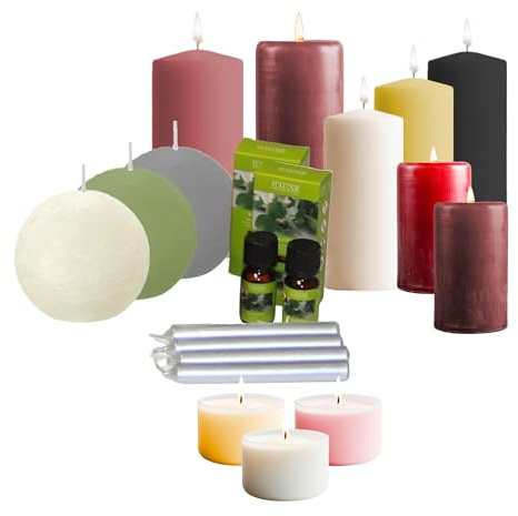 sopomarkt24 Kerzenset Mischpaket aus Kerzen Wachskerzen Stumpenkerze Kugelkerzen Baumkerzen Teelichter Öl Winterdeko Mix Duftkerzen für Feste Weihnachten Partys Hochzeit 9 kg