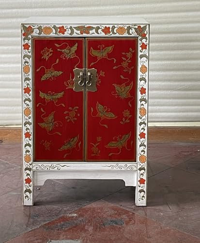 Kunibert Antike chinesische Kommode Tibet Anrichte Asia Sideboard Chinakommode mit 2 Türen und 2 Regalablageflächen Breite57xHöhe85cm Farbe: weiß mit Rot/Gold