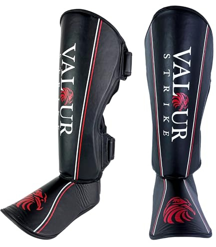 Valour Strike Shin Guards for Kickboxing Muay Thai MMA Karate Martial Arts Taekwondo or Kick Boxing | Sparring Pads to Guard Leg Foot & Instep | Protective Equipment (Black, Large)