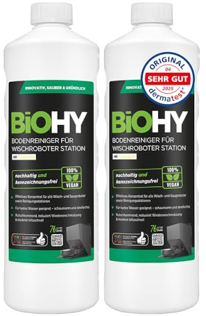 BiOHY Limpiador de suelos para robot de limpieza con aroma fresco (2 x 1 litro) | detergente concentrado para todos los robots limpiadores y aspiradores con función húmeda | sin espuma y sin rayas |
