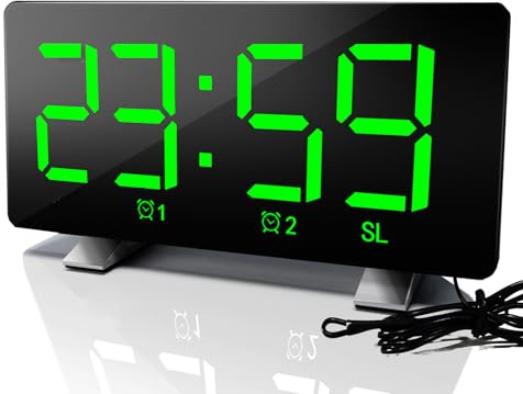 PINUMI Reloj Despertador con Radio de Noche, Relojes Digitales para Dormitorio con número LED Visible, 4 Niveles de Brillo de Volumen Ajustable, Alarma Dual, repetición, Alimentado USB (Verde)