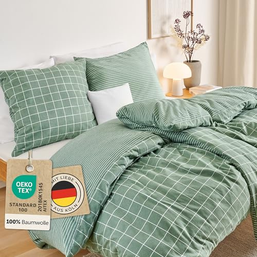Blumtal Biber Bettwäsche 135x200 + 80x80 cm Baumwolle 2teilig - Flanell Bettwäsche 135 x 200 Oeko-TEX zert. & Ultra weich - 60 °C waschbare Flanell Winterbettwäsche mit edlem Wendedesign - Sommergrün