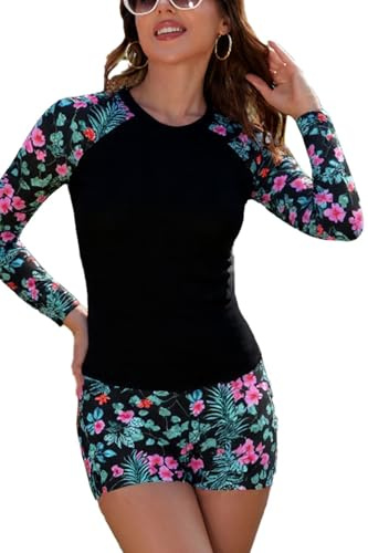 SHEKINI Dam 2-delad rashguard långärmad baddräkt snabbtorkande UV skydd simning skjorta med integrerad bh, badmode med boyshort simning, surfing, svart, M