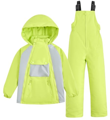 JiAmy Tvådelad snödräkt för barn, skiddräkt med huva med praktiska fickor, vindtät varm skidjacka + skidbyxor för 3–10 år, Grön, 4-5 Jahre