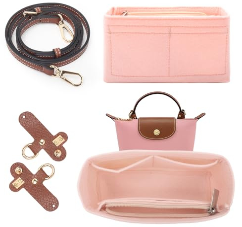 2 Stück Schultergurt und Organizer Set für Longchamp Mini Tasche, Ohne Bohren Verstellbares Schnallendesign Schulterriemen Mehrere Taschen Filz Taschenorganizer für Long champ Tasche (Rosa Mini)