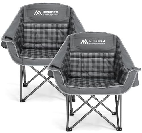 Huskfirm 2 Pack Camping Chairs Oversized Padded Camping Chair Heavy-Duty Foldable Camping Chairs with Cup Holder and Cooler Bag Portable Lawn Chair for Sports Outdoors-Support 450LBS, Grey