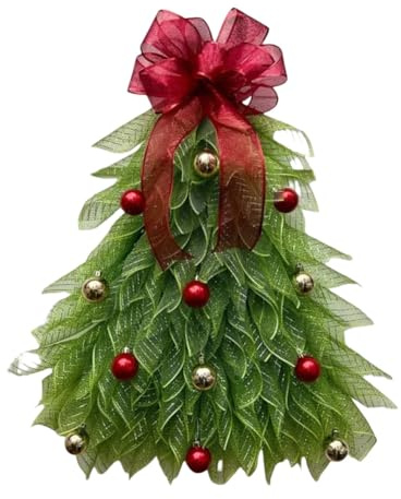 LITTLECANDLE Handmade Christmas Tree Wreath with Bow & Ball Christmas Barb Christmas Wreath with Lights Large Xmas Tree Flower Wreath Garland Front Door Decoration