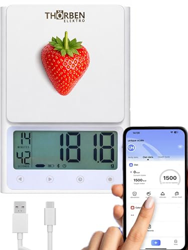 Thörben Báscula de Cocina 4-en-1, Báscula + Temporizador + Reloj + App Nutricional, Imán para Nevera y Soporte Vertical, App (Bluetooth) para Cálculo de Calorías/Macros, Recargable USB-C