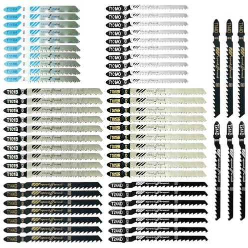 VEGCOO 60 Pcs Jigsaw Blade Set, T-Shank Jig Saw Blades for Wood, Plastic and Metal Cutting, Jigsaw Blades for Professional Jigsaw Accessory