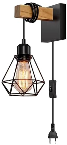 Chao Zan Industrielle Wandleuchte Vintage mit E27 Fassung, Schwarz und Holz, Geometrischer Käfig-Design, mit Schalter und Stecker, 1,7m Kabel,Wandlampe für Innen,Ohne Glühbirne
