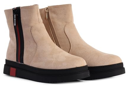 London Shoe Co Women’s Ankle Boots | Faux Suede Zip-Up Flat Boots with Chunky Sole – Everyday Casual Footwear (Beige, UK4)