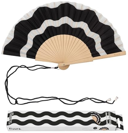 Fisura – Éventail en Bois Motif Vagues Noir et Blanc, Accessoire Pliable élégant pour été, Ventilateur à Main avec dragonne Incluse, idée Cadeau Original Femme Plage Voyage, 42,5 x 23 cm