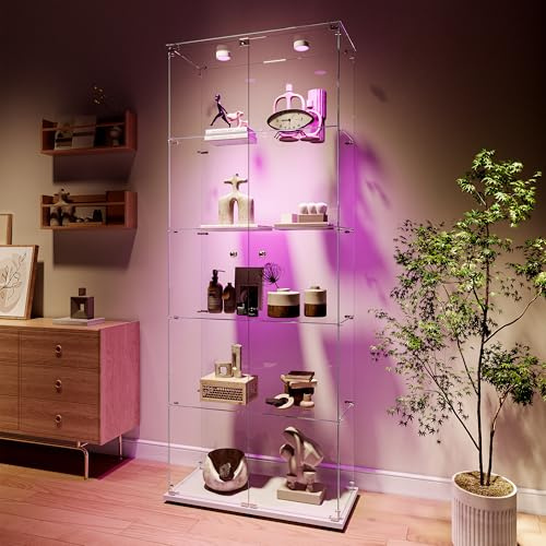 DADEA glasvitrinskåp med RGB-LED, stående vitrinskåp med lås, 5 lager, 2 dörrar, glasskåp, vitrinskåp, vardagsrum, bar, kontor, 78,5 x 34,5 x 186,5 cm