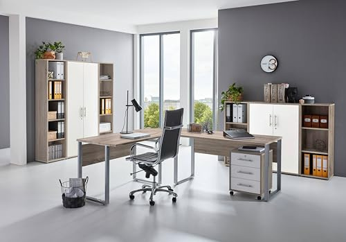 Büromöbel Arbeitszimmer Komplett Office Edition mit Schrankwand Rollcontainer Schreibtisch als Set oder einzeln in Sonoma Eiche/Weiss Matt (Set 5)