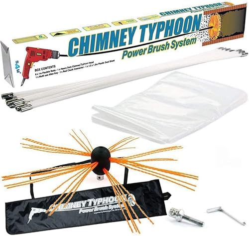 Chimney Typhoon Power Sweeping Set Flexible Nylon Rods & Brush Head Rotary Drill Drive Chimney Kit Flue Cleaner Removes Soot 11 Metre Set – 36 Feet