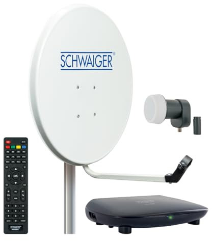 SCHWAIGER SAT-Anlage Satelliten-Set Satellitenschüssel Single-LNB HD-Receiver Fernbedienung digital SAT-Antenne aus Stahl Hellgrau 55cm 1-Teilnehmer kleine Sat-Schüssel