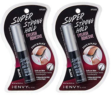 i-ENVY by KISS - Pegamento de pestañas súper fuerte resistente al agua, tira de pegamento de larga duración, aspecto natural, alergia y sin látex, con aplicador de cepillo (negro, paquete de 2)