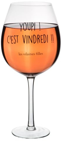 Les Vilaines Filles LA Chaise Longue - Verre à Vin 75 cl Youpi C'est Vindredi - Verre Transparent - Usage Festif, Design Humoristique - Taille 12.5 x 26 x 12.5 cm - Contenance 75 cl - Poids 230 g