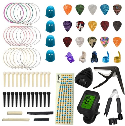 Tillbehörskit för gitarr, TTCR-II 75 delar med gitarrkapsel, 15 gitarrgitarr, 3 set akustiska gitarrsträngar, gitarrtunnare, tummediator, strängrulle, gitarrbro etc...