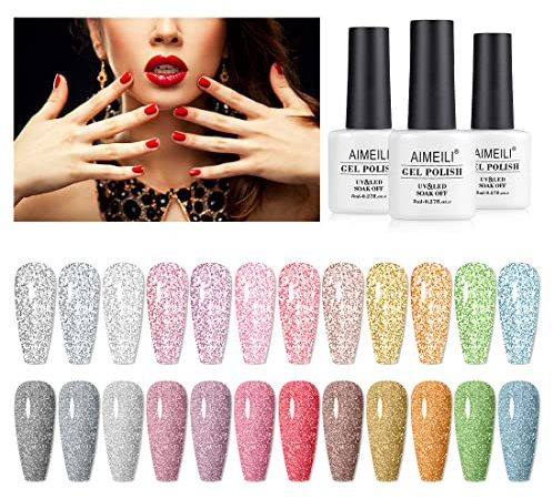 AIMEILI Glitzer Nagellack UV LED Gellack Farben Set 12 pcs 8ml Soak Off Funkeln Nägel Sparkle Gel Nagellack Kit 7