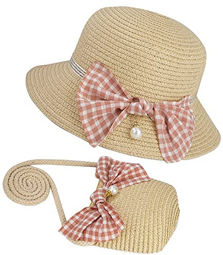 MengH-SHOP Cappello da Sole per Bambina Cappello di Paglia Cappello da Spiaggia Estivo e Mini Set di Borse con Decorazione a Fiocco per Viaggio Vacanze attività All'aperto (Beige)