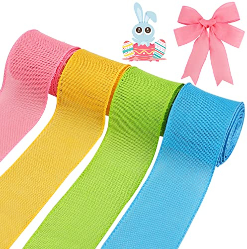 KOOTAU 4 Rollen Oster-Drahtbänder, 6,3 cm x 22 m, einfarbig, rosa, gelb, blau, grün, Drahtrand, Frühlings-Sackleinen, dekorative Geschenkbänder für Heimwerker, Handwerk, Zuhause, Türkranz, Girlande