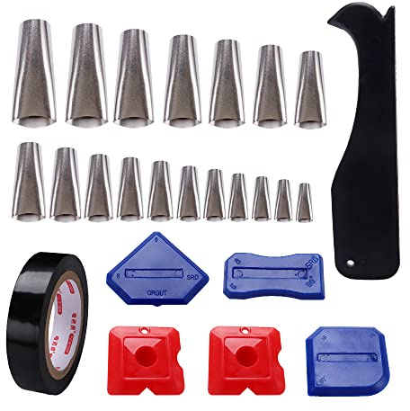 VooGenzek 18 Stücke Caulking Dichtmittel Finishing Tool Kit, Applikator Abdichten Düsen mit Edelstahl Dichtungsdüse 18 Größen, Schaber und Klebeband, für Küche, Badezimmer, Fenster, Waschbecken