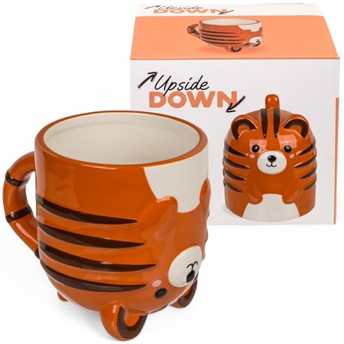 MIJOMA Upside-Down-Mug Kopfüber-Tasse – Lustiger Kaffeebecher aus Keramik – Umgedrehter Henkelbecher für Kaffee & Tee – 500 ml (Tiger)