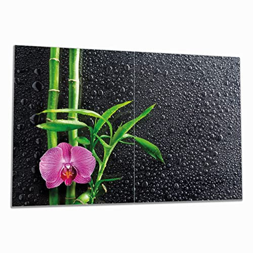 Wallario Herdabdeckplatte/Spritzschutz aus Glas, 2-teilig, 80x52cm mit 8 mm hohen Füßen, für Ceran- und Induktionsherde, Bambus und Pinke Orchidee auf schwarzem Glas mit Regentropfen