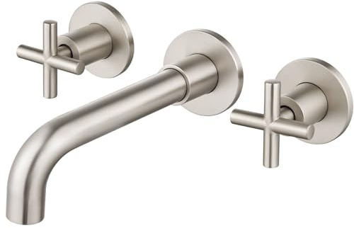 Airuida Solid Brass Widespread Wall Mount Bathroom Faucet with 360 Swivel Spout Wall Mounted Lavatory Faucet Vanity Sink Mixer Tap with Rough in Valve and Double Cross Handles Brushed Nickel
