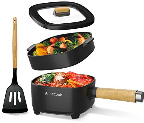 Audecook Poêle à frire électrique avec cuiseur vapeur, poêle antiadhésive en céramique améliorée de, poêle à ramen électrique pour steak, œufs, riz frit (D (noir 2L avec cage à vapeur))