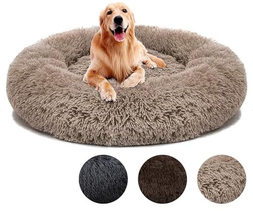 Hundebett Flauschig Donut, Hundekissen Waschbar XL 100cm, Kuschelbett Hund Rund Anti Stress, Hundebett Flocke, Hundekörbchen für Mittelgroßr Großr Hunde, Beige,