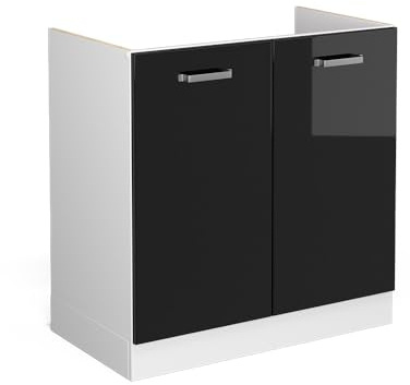Vicco Spülenunterschrank R-Line, Schwarz Hochglanz, 80 cm mit Türen, ohne Arbeitsplatte, zur Montage unter Arbeitsplatten in Küchenzeilen geeignet