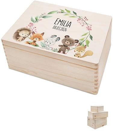 Bärenfreunde - Personalisierte Erinnerungsbox Baby mit Spezial-Druck - Individuelle Baby Erinnerungsbox - Erinnerungskiste aus Holz - Geschenk zur Geburt (M | Klappdeckel,Tiere Blumenkreis)