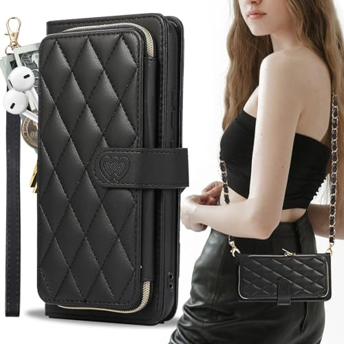 GUVAGI für Samsung Galaxy A55 5G Hülle mit Band Handyhülle,Leder Handytasche mit Fächer Flip 9-Karten Geldbeutel Magnet Frauen Handy Hülle mit Abnehmbar HandyKette zum Umhängen Portemonnaie (Schwarz)