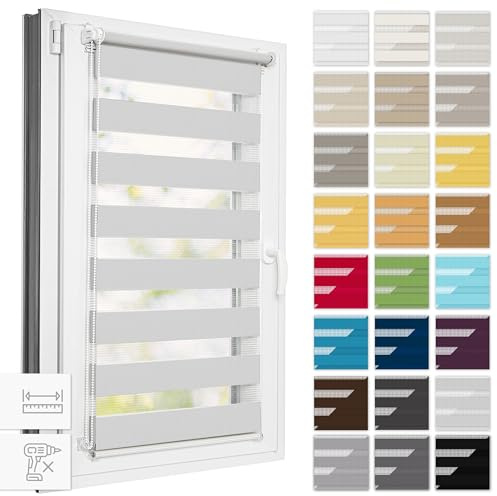 Estika Doppelrollo Klemmfix ohne Bohren, Breite alle 1 cm - 90 cm x 150 cm - Hellgrau - Tag und Nacht Duo Rollo, Rollos für Fenster ohne Bohren, Fenster sichtschutz
