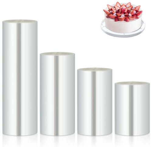 AiQInu Rodoide Transparent Patisserie 4 Rouleaux, Rhodoid Patisserie 6cm/8cm/10cm/15cmx10m, Rhodoïde Feuille, Patisserie Film Bordure Gâteau Réutilisable en Acétate pour Entourer Les Gâteaux